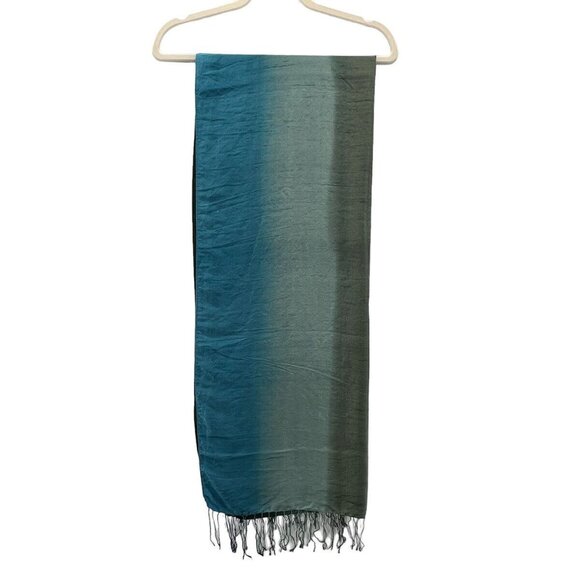Womens Silk Scarf Ombre Soft Blue to Greens Wrap  88” Long Fringed - Picture 7 of 10